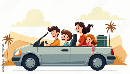 Traveling in the car. Happy people enjoy driving, travel, vacation adventure together. Family car, holiday journey. Flat vector illustration isolated on white background