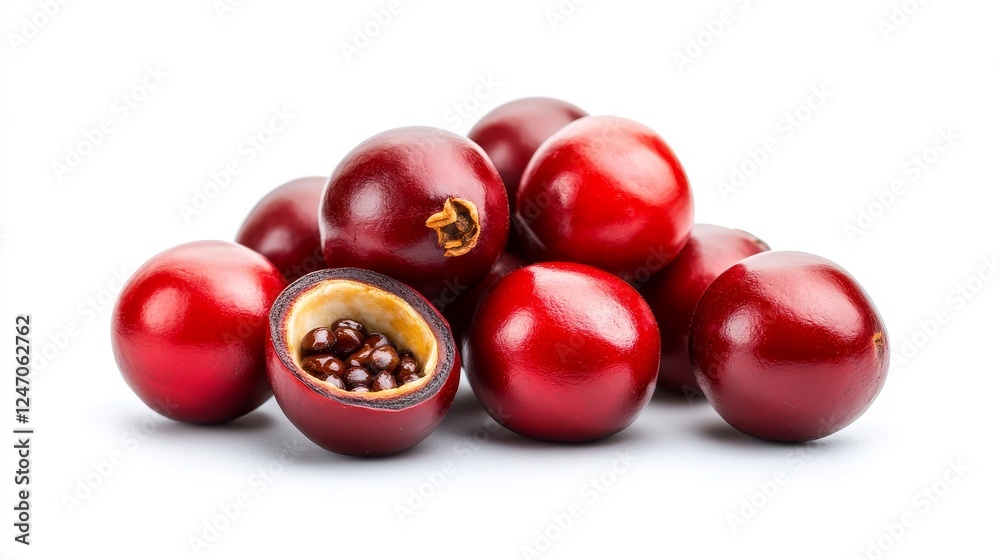 Fresh Red Fruit with Seeds Display - A collection of fresh red fruit, some whole and one opened to reveal its seeds, arranged on a white background. Fresh Red Fruit with Seeds Display - A collection of fresh red fruit, some whole and one opened to reveal its seeds, arranged on a white background.