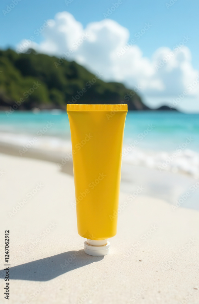 A close-up of a yellow plastic tube for sunscreen with a blue lid on white sand, against a background of turquoise sea and blue sky. For branding sun protection products, place for a logo A close-up of a yellow plastic tube for sunscreen with a blue lid on white sand, against a background of turquoise sea and blue sky. For branding sun protection products, place for a logo