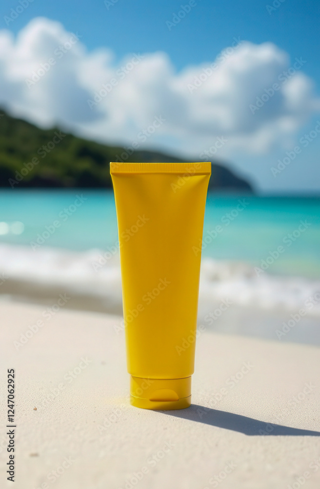 A close-up of a yellow plastic tube for sunscreen with a blue lid on white sand, against a background of turquoise sea and blue sky. For branding sun protection products, place for a logo A close-up of a yellow plastic tube for sunscreen with a blue lid on white sand, against a background of turquoise sea and blue sky. For branding sun protection products, place for a logo
