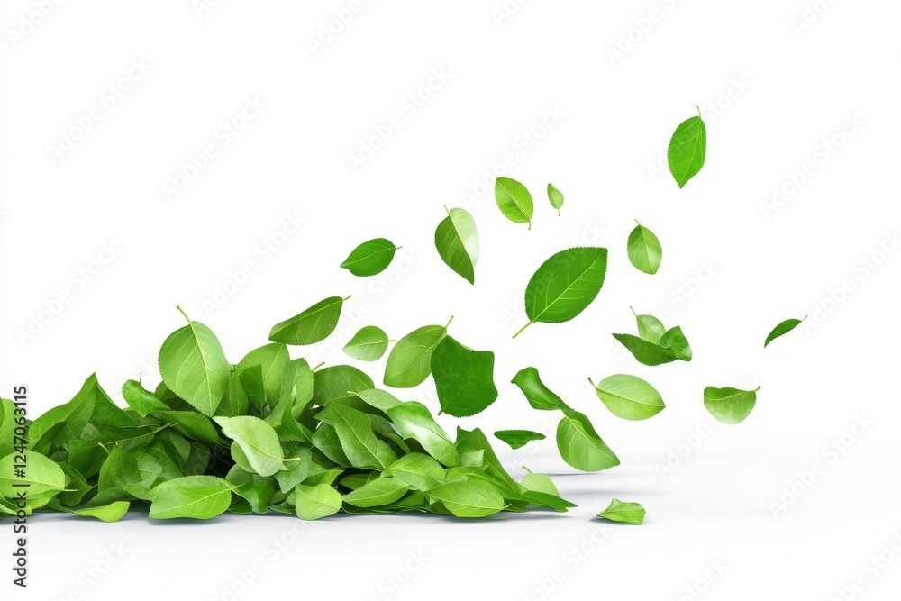 Fresh Green Leaves Flowing in Air - An artistic representation of vibrant green leaves scattered in the air against a white background, symbolizing freshness and nature. Fresh Green Leaves Flowing in Air - An artistic representation of vibrant green leaves scattered in the air against a white background, symbolizing freshness and nature.