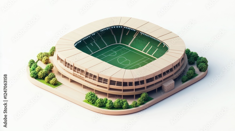 Obraz premium Isometric illustration of a modern stadium with green field, surrounded by trees.