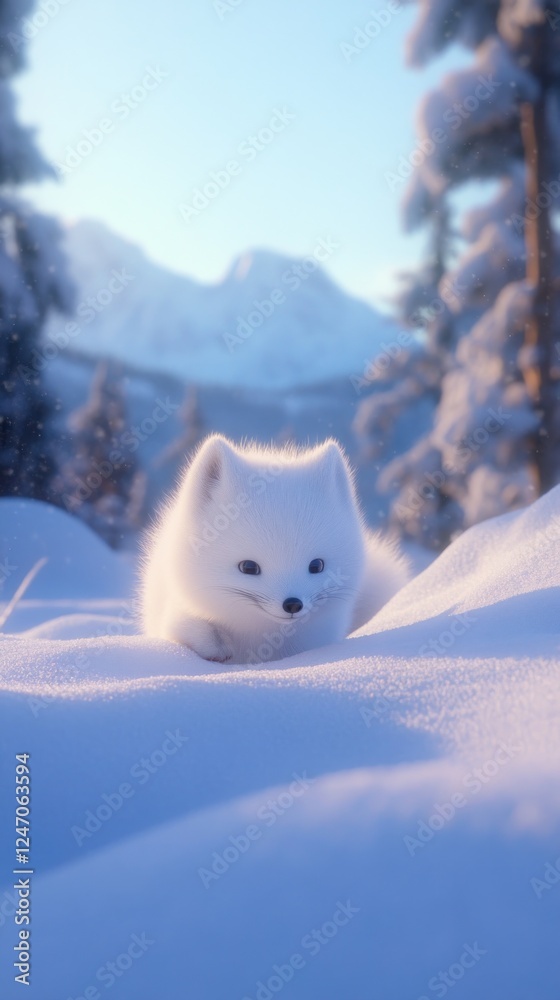 Adorable arctic fox kit nestled in snowy mountain landscape at sunrise. Adorable arctic fox kit nestled in snowy mountain landscape at sunrise.