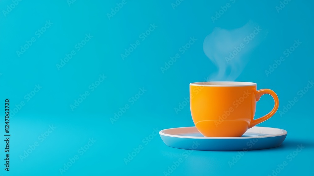 Obraz premium Bright Orange Coffee Cup on Blue Background - A vibrant orange coffee cup emits steam while resting on a white plate against a solid blue backdrop.