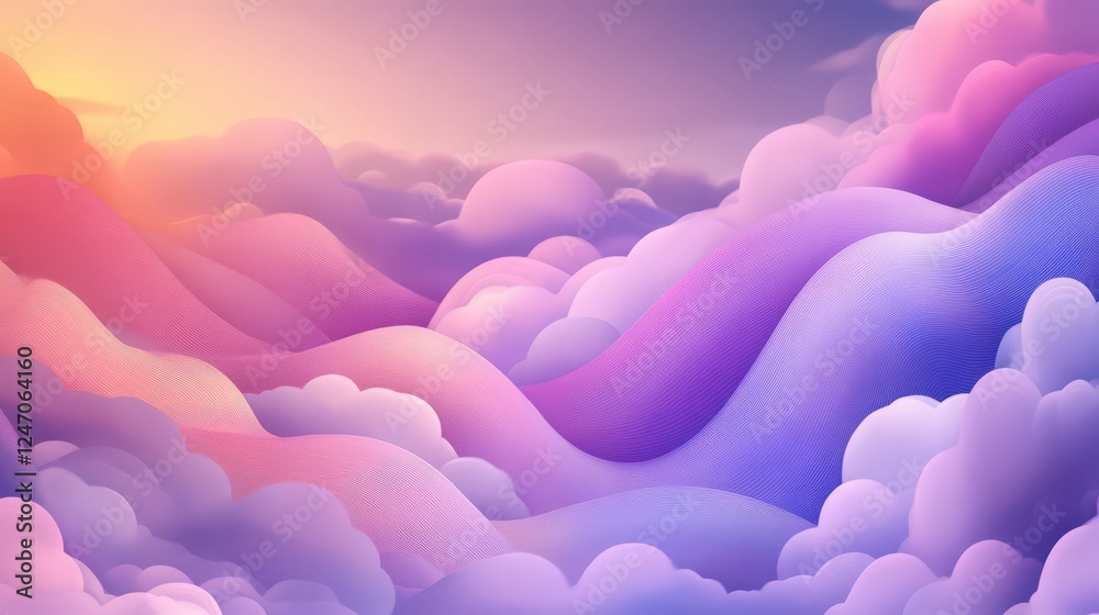 Fototapeta premium Dreamy Cloudscape with Pastel Colors and Wavy Terrains Illustration