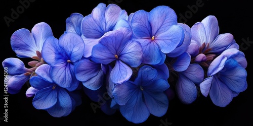 A bunch of blue flowers are arranged in a row. The flowers are in full bloom and are very vibrant. The image has a calming and peaceful mood, as the blue flowers are a symbol of tranquility