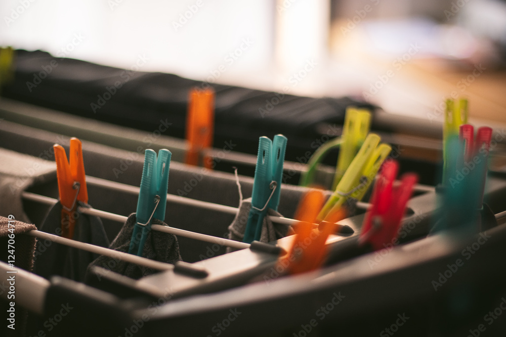 Colorful Clothespins on a Laundry Drying Rack Colorful Clothespins on a Laundry Drying Rack