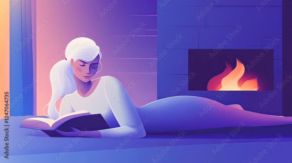 Obraz premium a woman with white hair reading a book by a fireplace in a cozy, blue-toned room.
