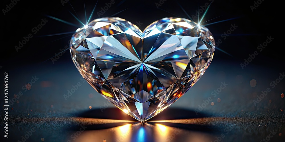 Fototapeta premium Heart Shaped Diamond, Tilt-Shift, 3D Render, Black Background, Wide Image