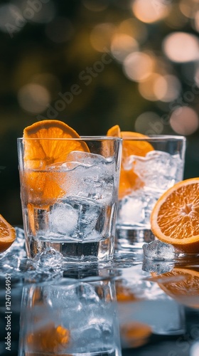 Refreshing citrus drinks with orange slices served on a sunny outdoor table