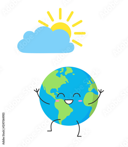 Earth cute character cartoon planet sun cloud happy sunny day smile face emotion vector illustration. Weather.