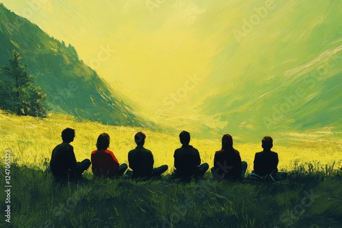 Friends enjoying sunset on a hillside with scenic mountains in the background...