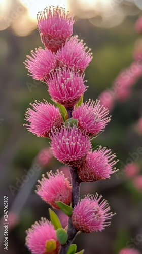 Vibrant pink flowers bloom on a spring branch in a natural setting during gol...