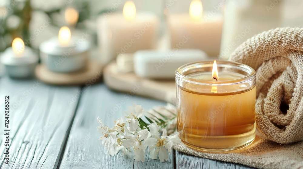 Relaxing spa setup with candles and natural elements Relaxing spa setup with candles and natural elements