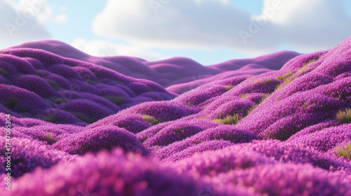 Rolling purple hills under a blue sky with fluffy white clouds.