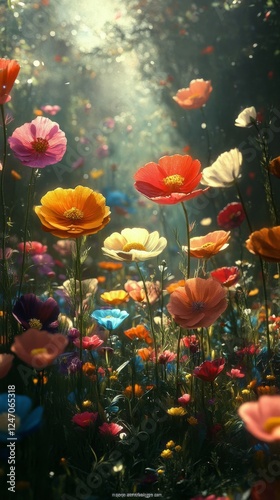 Colorful wildflowers bloom in a sunny meadow during springtime