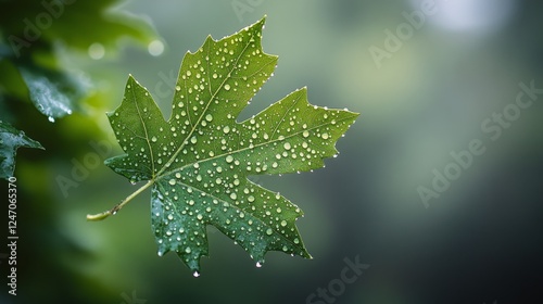 Green maple leaf with rain droplets on textured surface in autumn