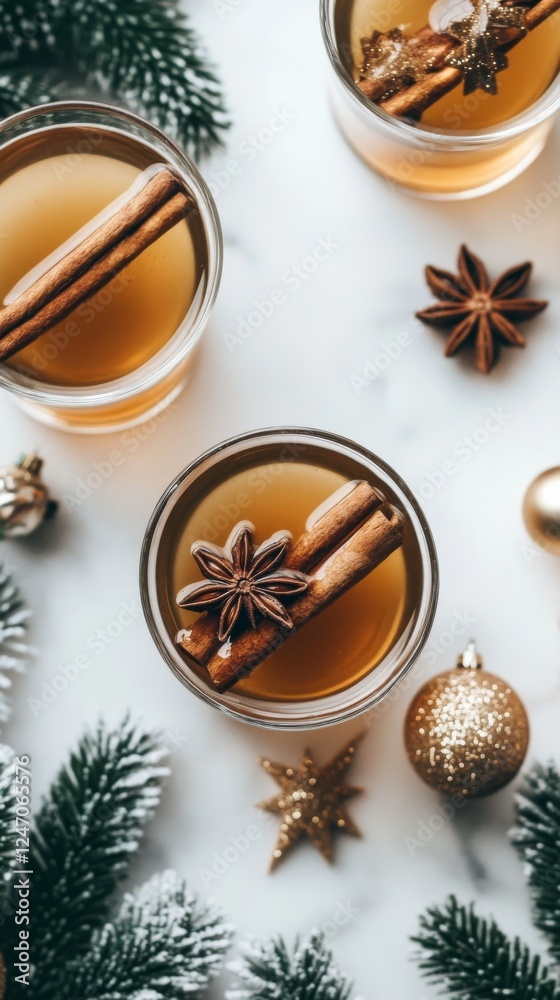 Warm spiced drink with cinnamon sticks and ice served during festive winter celebration Warm spiced drink with cinnamon sticks and ice served during festive winter celebration