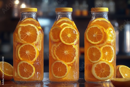 Freshly squeezed orange juice in glass bottles with slices displayed