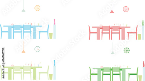 Vector illustration of a dining table with chairs and cups in four different colors