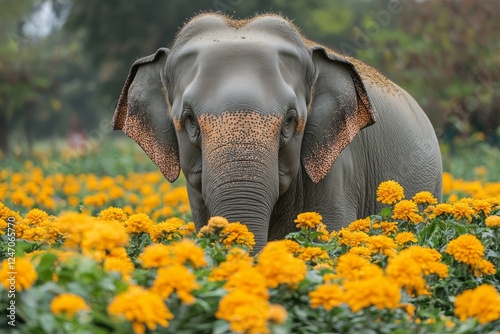 Elephant standing among vibrant yellow flowers in a picturesque field