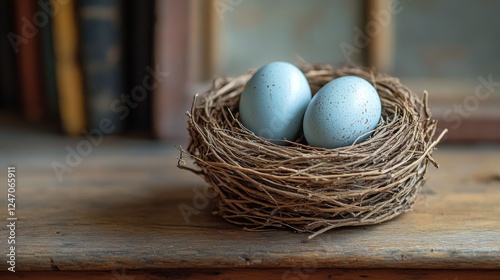Blue eggs resting in a rustic nest on a wooden surface in natural light