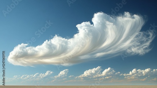 Vast blue sky filled with swirling white clouds over a serene landscape