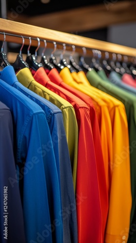Colorful shirts displayed on hangers in a clothing store during the afternoon