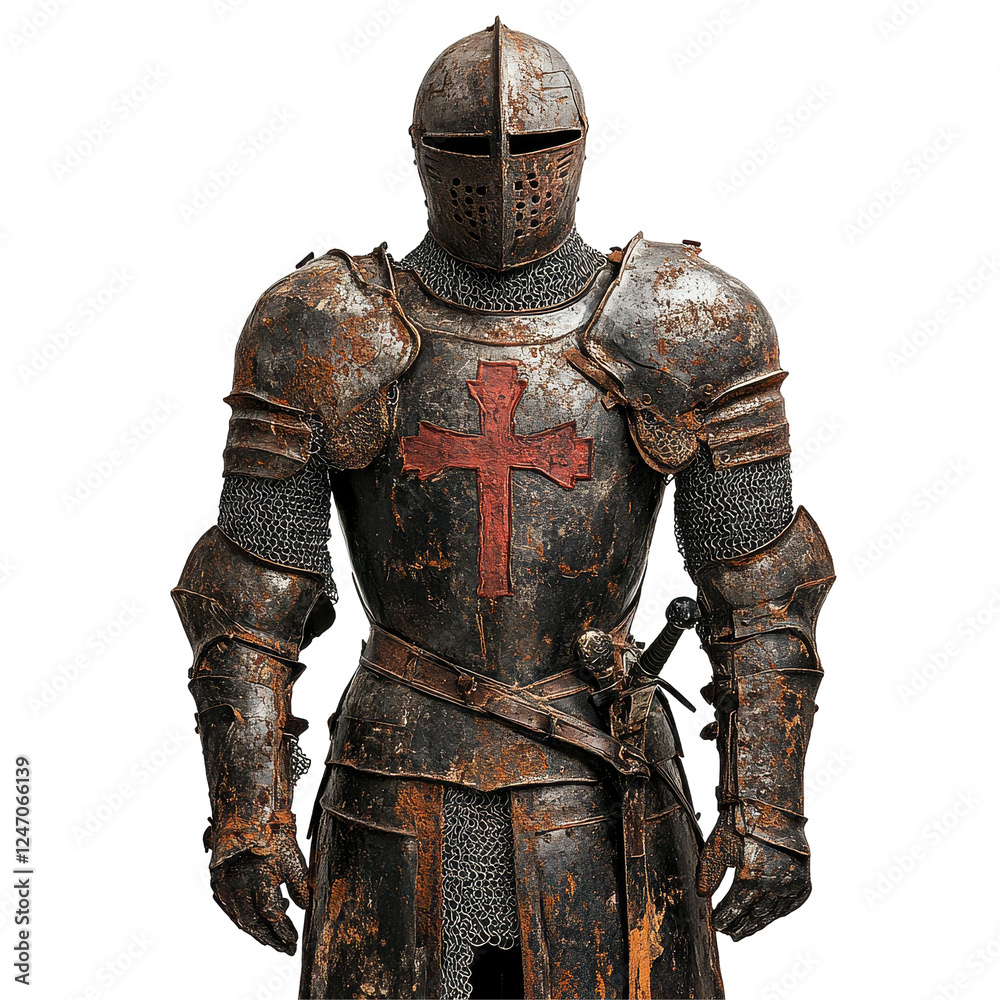 Rusty knights templar armor with equestrian cross on display in weathered condition, Rusty Armor Knights Templar Cross Equestrian Order th Century Military Heritage Medieval Costume, Transparent Rusty knights templar armor with equestrian cross on display in weathered condition, Rusty Armor Knights Templar Cross Equestrian Order th Century Military Heritage Medieval Costume, Transparent