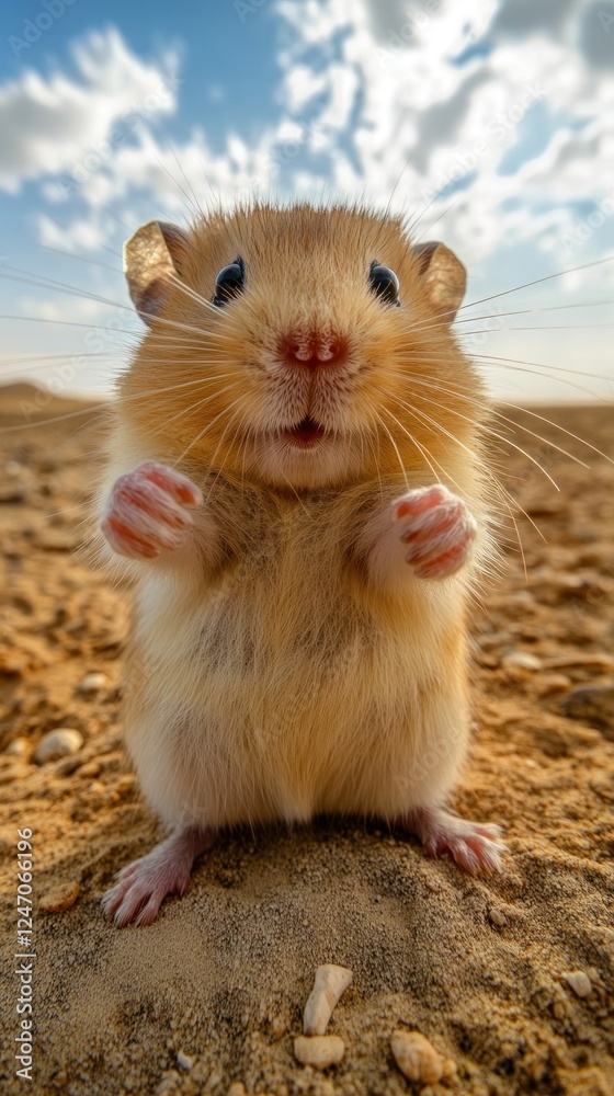 Adorable golden hamster standing on sand, looking directly at camera. Adorable golden hamster standing on sand, looking directly at camera.