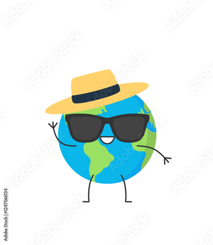 Planet Earth cute character cartoon happy sunny day travel vacation holidays sunglasses summer hat smile face emotion vector illustration.