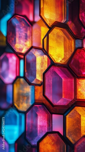 Colorful illuminated hexagonal tiles along a walkway at night in a vibrant se...