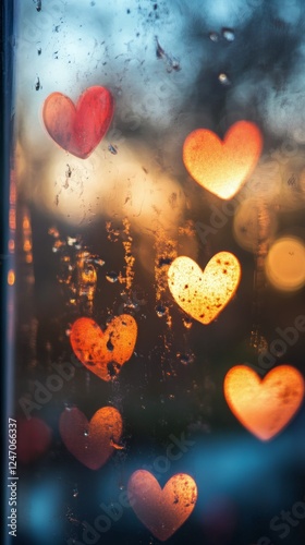 Raindrops on window showcasing colorful heart shapes against a warm glowing b...