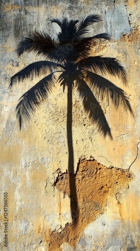Shadow of a palm tree cast on an old wall in a tropical location during golde...