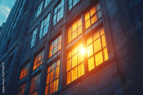 Sunset reflections on modern building glass faade in urban environment