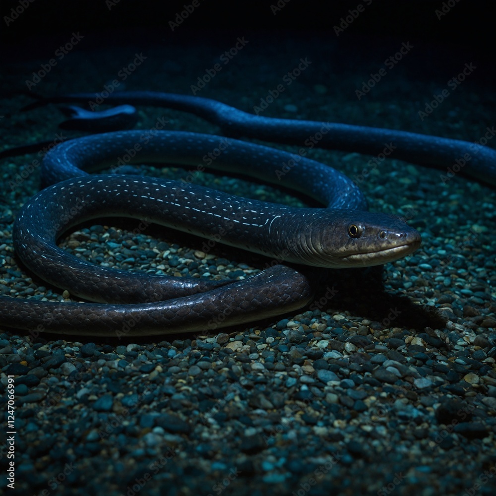 Obraz premium A black snake is curled up on the ground in a natural setting, A sleek, black snake slithering through a dark forest a nocturnal grandiose quantum serpent twists and coils 
