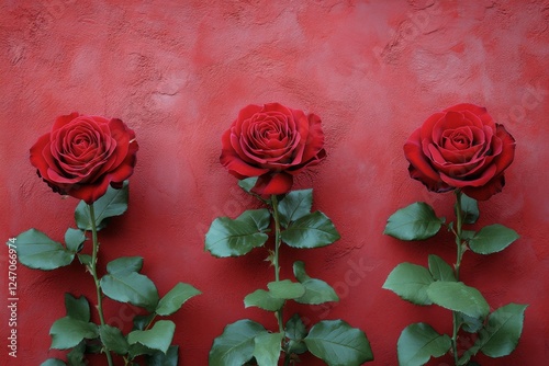 Red roses against a vibrant red wall create a striking floral display in a co...