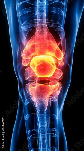 x ray of a swollen knee joint glowing red