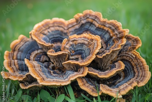 Delicate mushrooms with pink caps grow among vibrant green moss and flowers i...