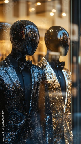 Stylish mannequins in a clothing store window display during a sunny day