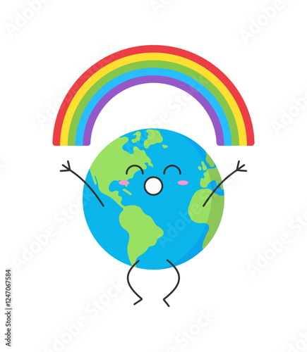 Planet Earth cute character cartoon rejoices rainbow jump happy smile vector illustration. Weather.