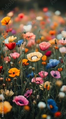 Colorful wildflowers bloom in a sunny meadow during springtime