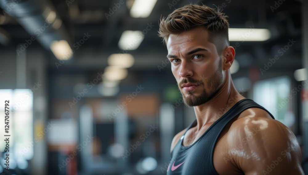 Fit Man Staring at the Camera in a Gym Background Fit Man Staring at the Camera in a Gym Background