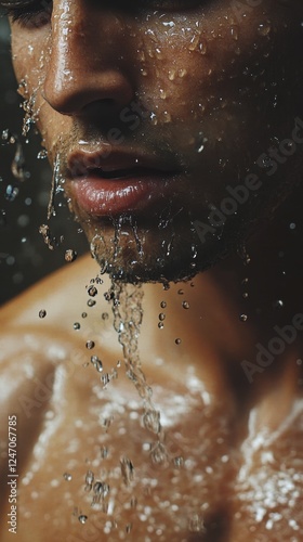 Close-up of glistening skin with water droplets highlighting muscular form in...