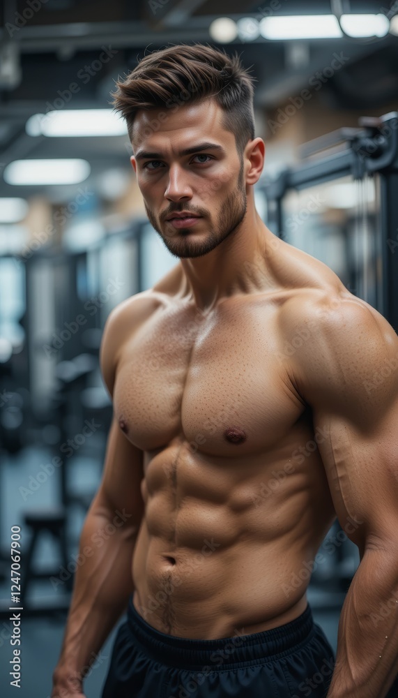 Fit Man Staring at the Camera in a Gym Background Fit Man Staring at the Camera in a Gym Background