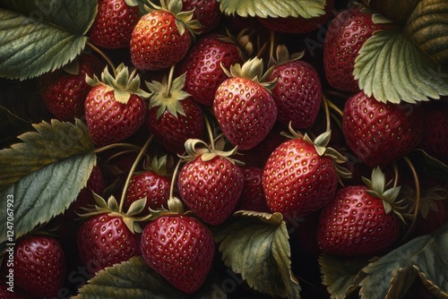 Fresh ripe strawberries nestled among green leaves ready for harvest and enjo...