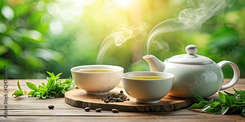 High-Res Asian Tea Mockup, White Cups & Teapot, Dry Green Tea, Banner, Text Space