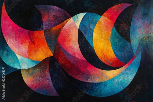 Colorful abstract artwork featuring flowing shapes and vibrant hues against a...