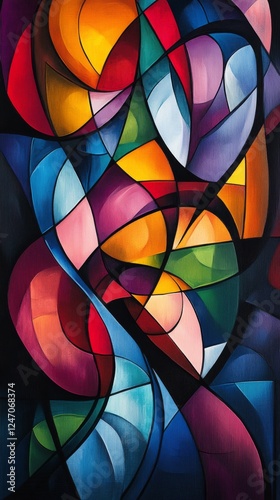 Abstract art featuring dynamic shapes and vibrant colors in an intricate arra...