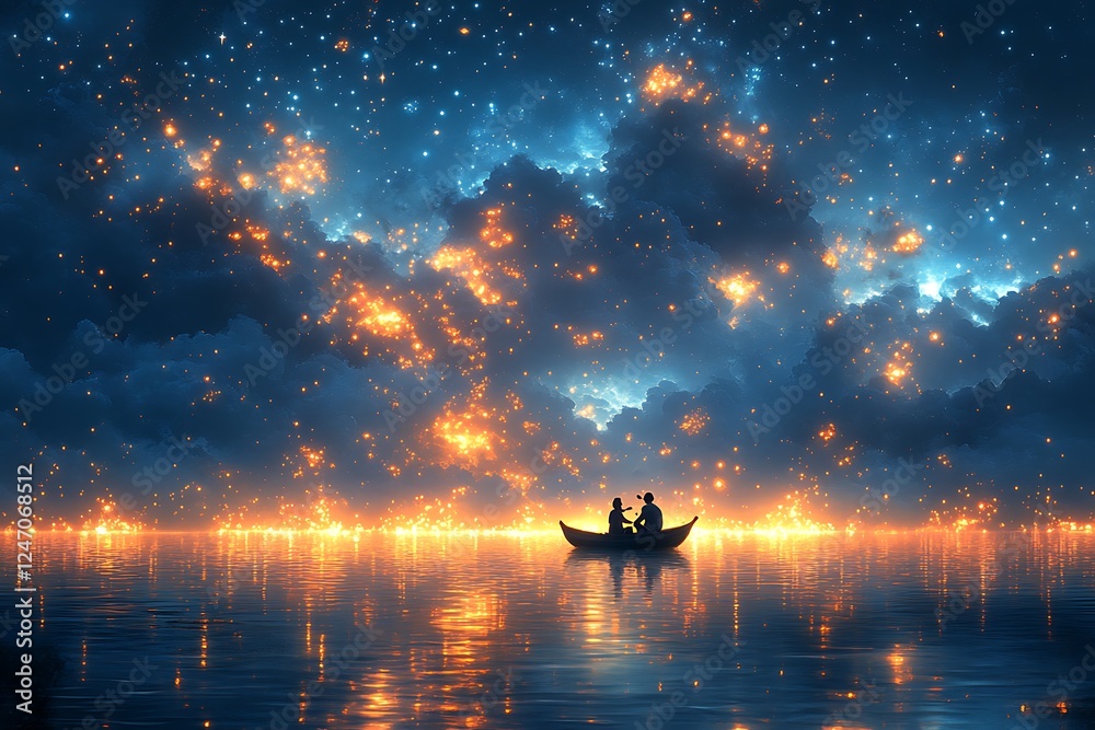 Romantic Couple in a Boat on a Magical Night Romantic Couple in a Boat on a Magical Night